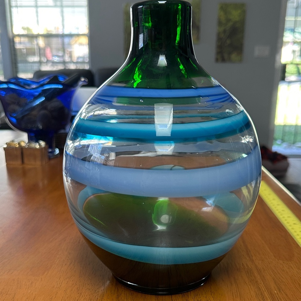 Caleb Seimon Striped Glass Vase in Green and Blue. Costa Mesa Glassblower.